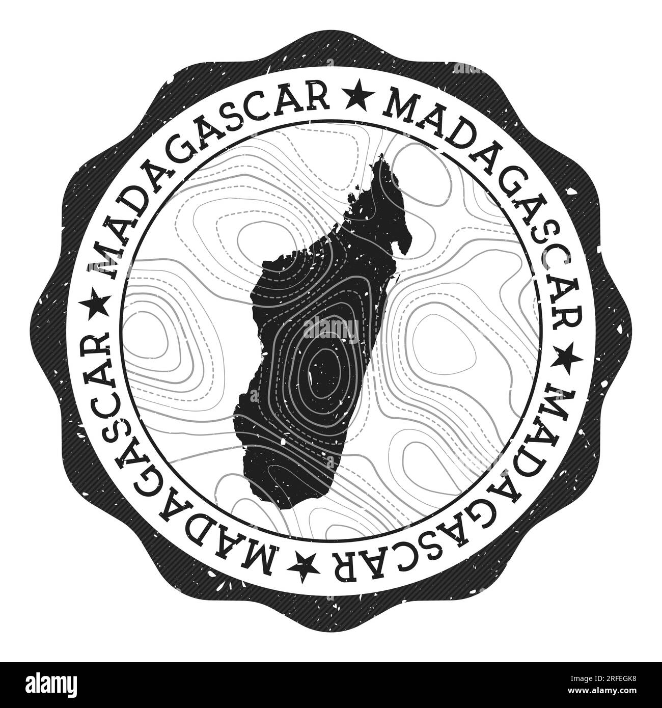 Madagascar outdoor stamp. Round sticker with map of country with topographic isolines. Vector illustration. Can be used as insignia, logotype, label, Stock Vector