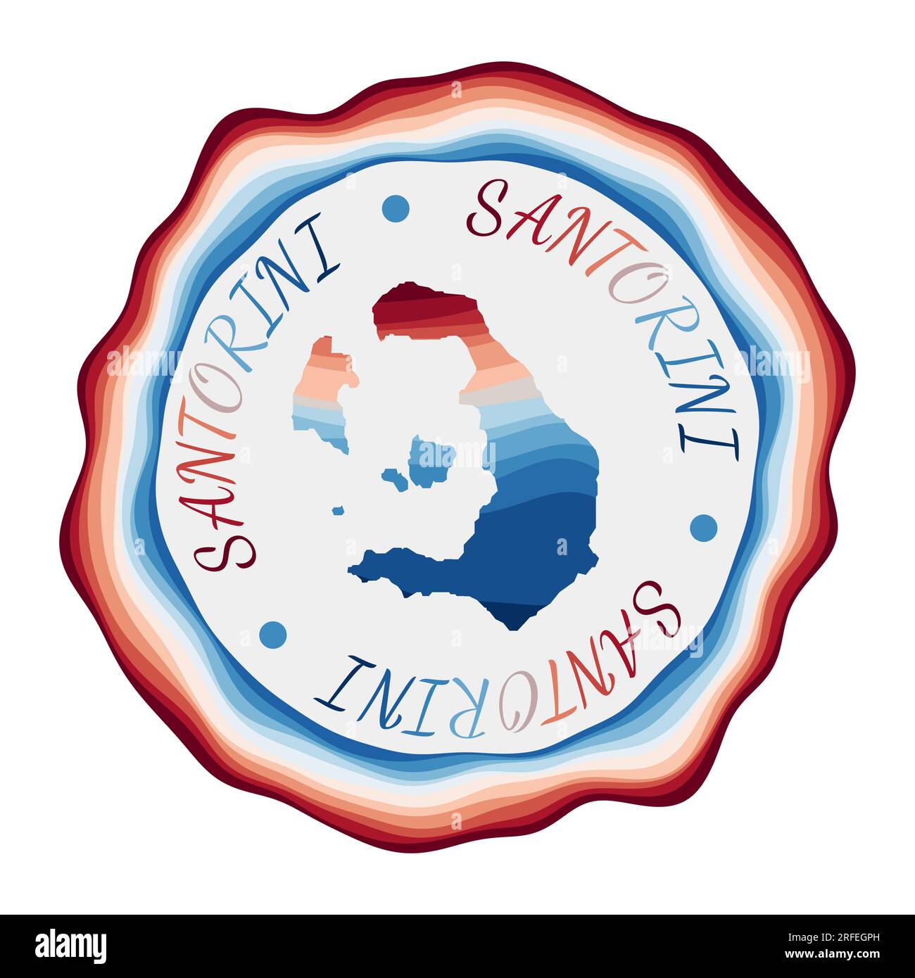 Santorini badge. Map of the island with beautiful geometric waves and vibrant red blue frame. Vivid round Santorini logo. Vector illustration. Stock Vector