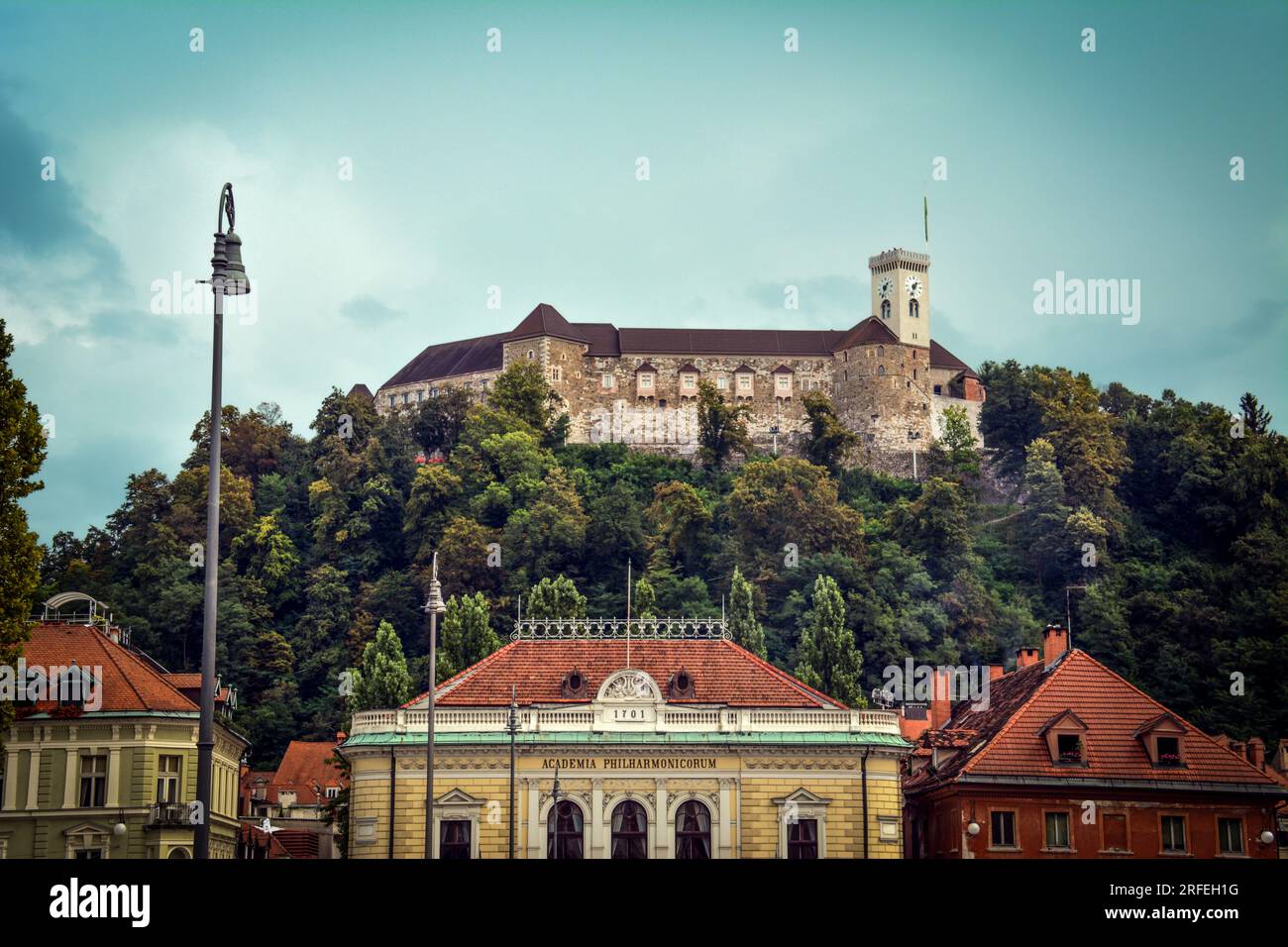 View to Ljubljana Castle and the Slovenian Philharmonic Building from Congress Square - Slovenia Stock Photo