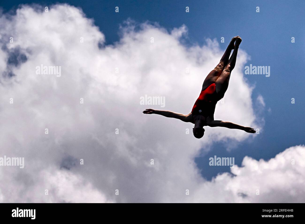 Molly Carlson of Canada competes in the High Diving 20m women during the 20th World Aquatics Championships at the Seaside Momochi Beach Park in Fukuok Stock Photo