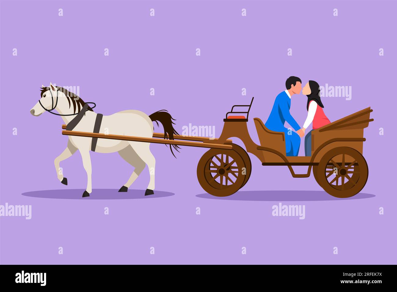 Cartoon flat style drawing romantic Arab couple trying kiss each other. Man and pretty woman just married. Happy bride and groom sitting in carriage p Stock Photo