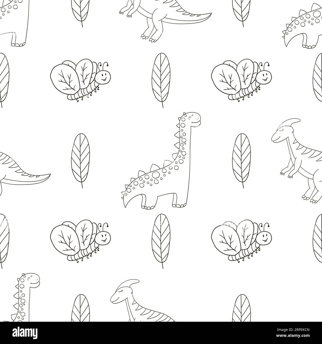 Seamless vector pattern in black and white on a white background with  various cute cartoon dinosaurs, palm trees, leaves. for Wallpaper, printing  on fabric, paper, for childrens coloring books Stock Vector by ©