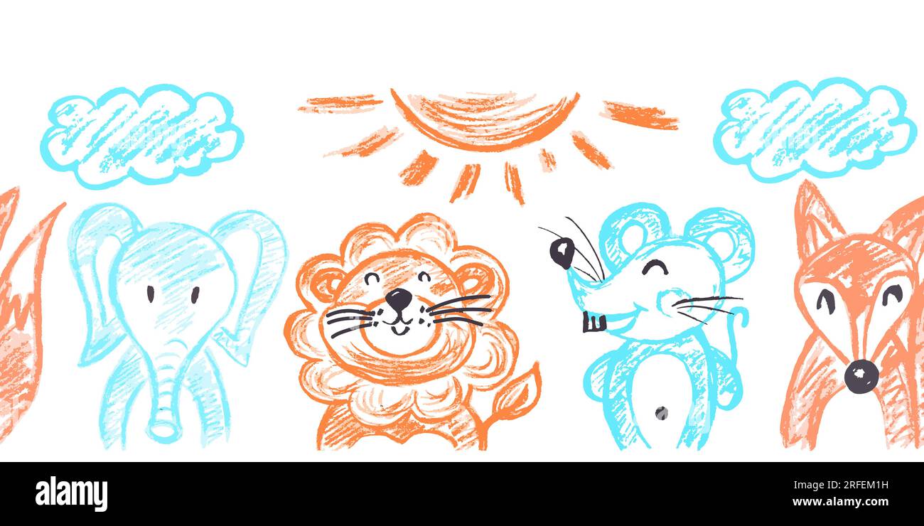 Zoo seamless border. Animals. Drawings with wax crayons. Vector design