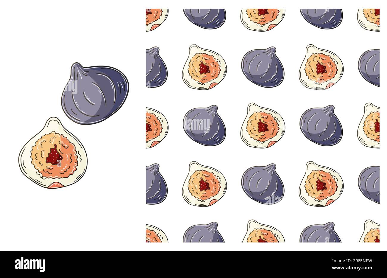 Figs. Seamless pattern for kitchen or shop. Set in hand draw style Stock Vector