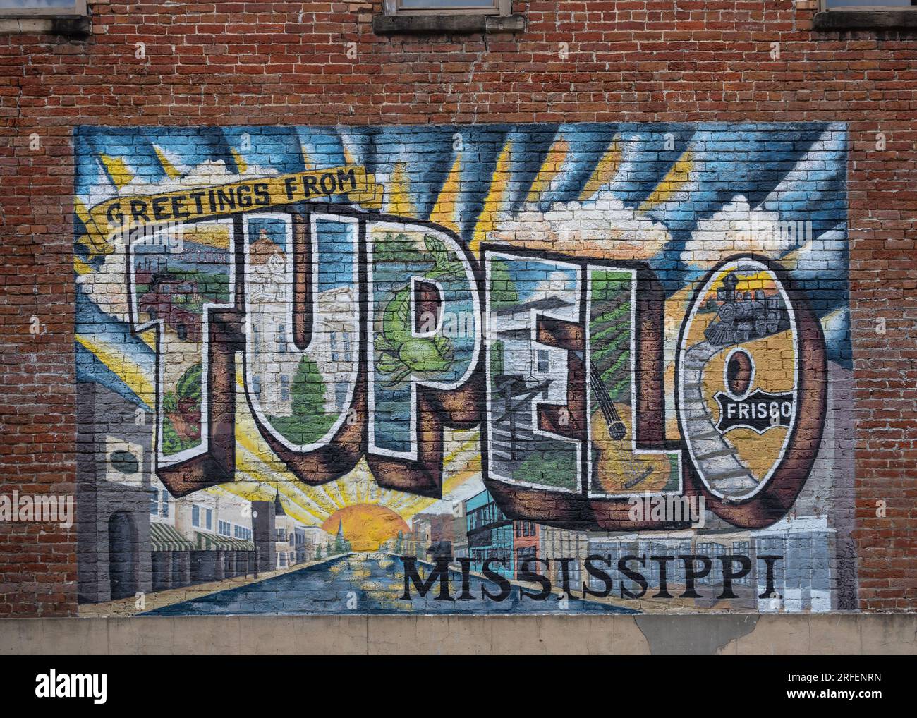 Greetings From Tupelo mural, Tupelo, on the Natchez Trace Parkway, Mississippi. Stock Photo