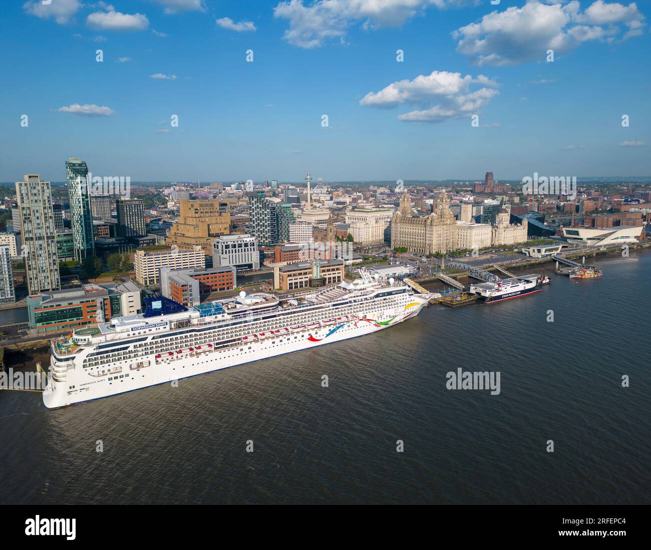 Norwegian Dawn cruise ship docked at the Pier Head, Liverpool, England Stock Photo