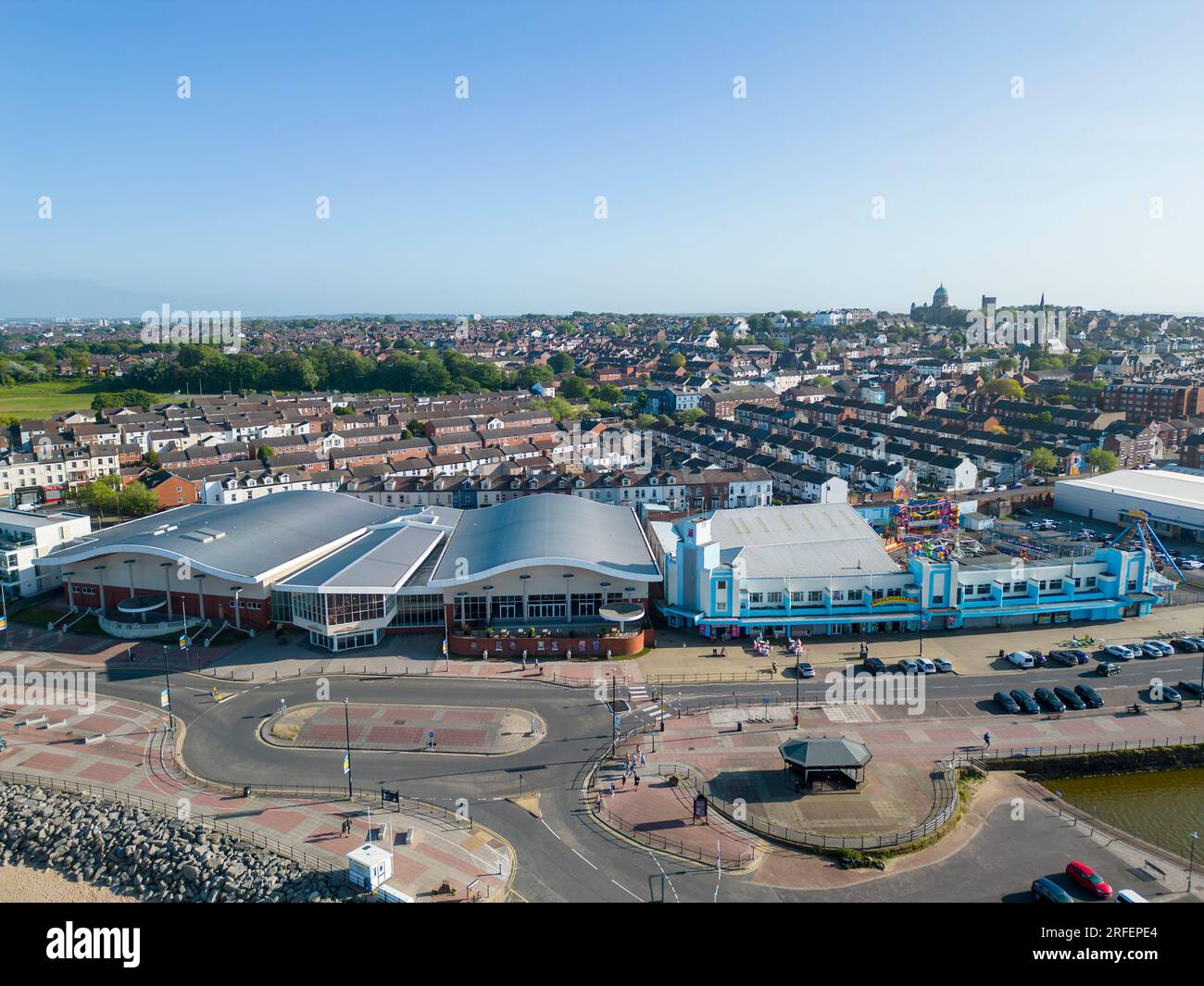Floral Pavilion and The New Palace and Adventureland, New Brighton waterfront, Wirral, England Stock Photo