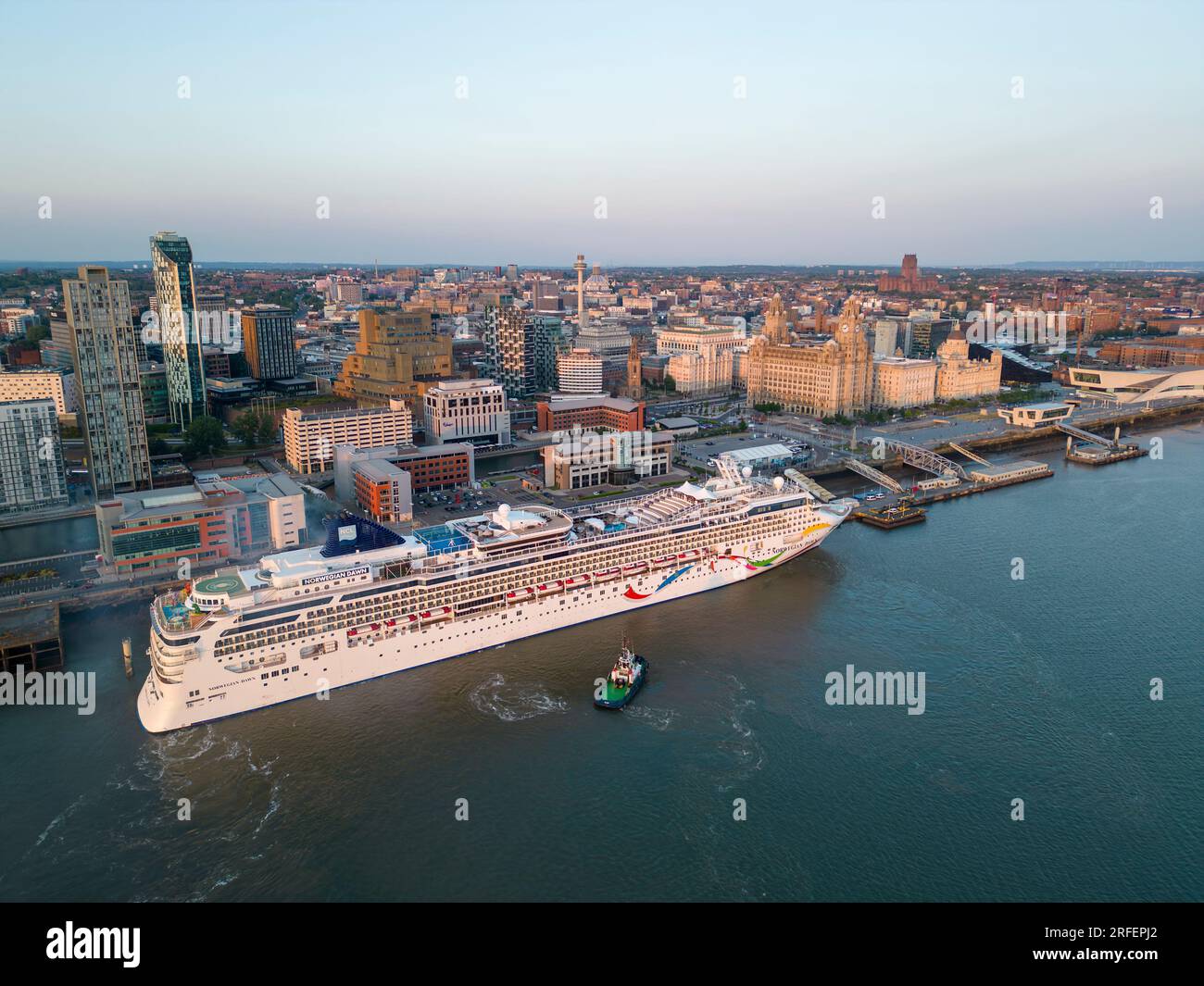 Norwegian Dawn cruise ship docked at the Pier Head, Liverpool, England Stock Photo