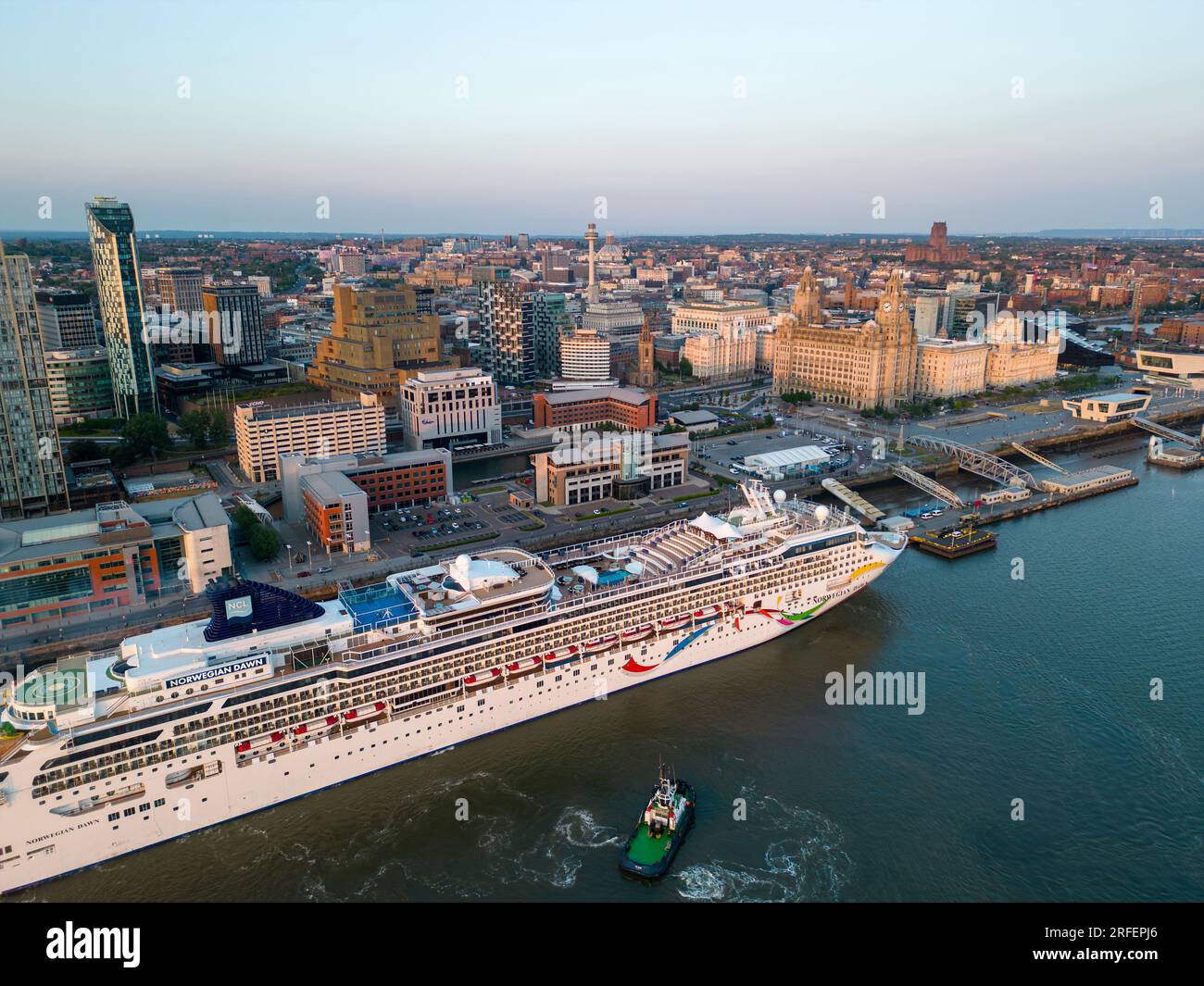Norwegian Dawn cruise ship moored at the Pier Head, Liverpool, England Stock Photo