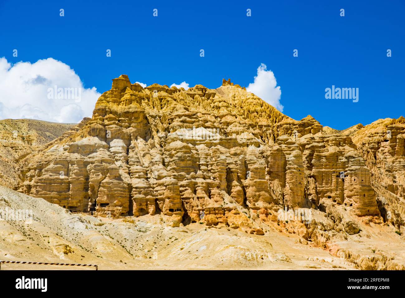 Chhoser Jhong aka Sky Cave a man made cave area in desert of Upper Mustang in Nepal Stock Photo