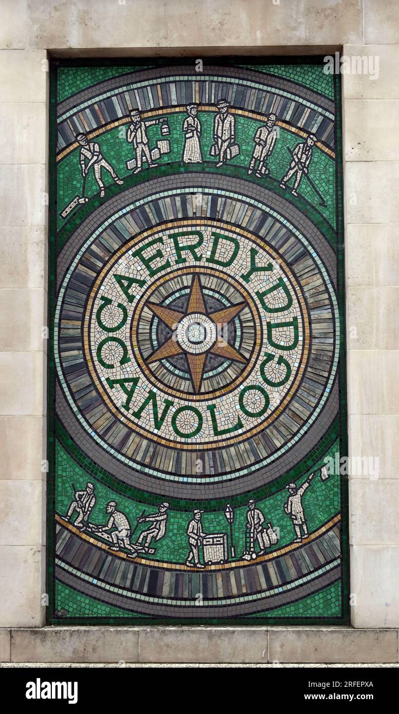 Art in Welsh on Cardiff Central Station entrance, Central Square, Cardiff , Wales, UK, CF10 1EP Stock Photo