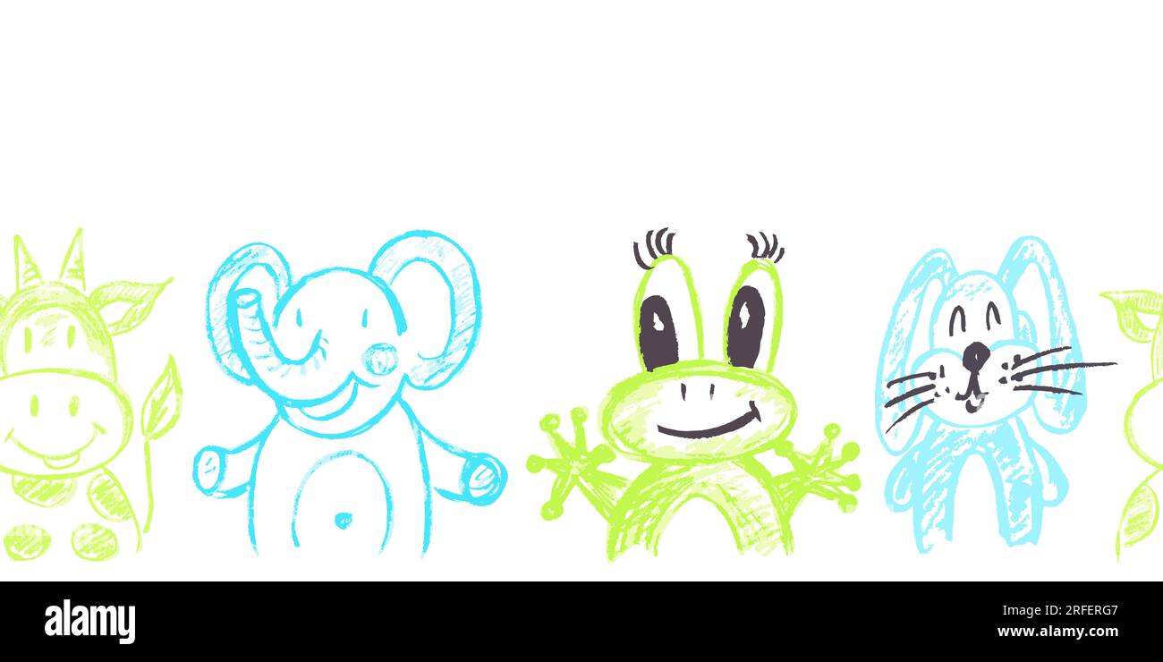 Zoo seamless border. Cute animals. Drawings with wax crayons. Vector