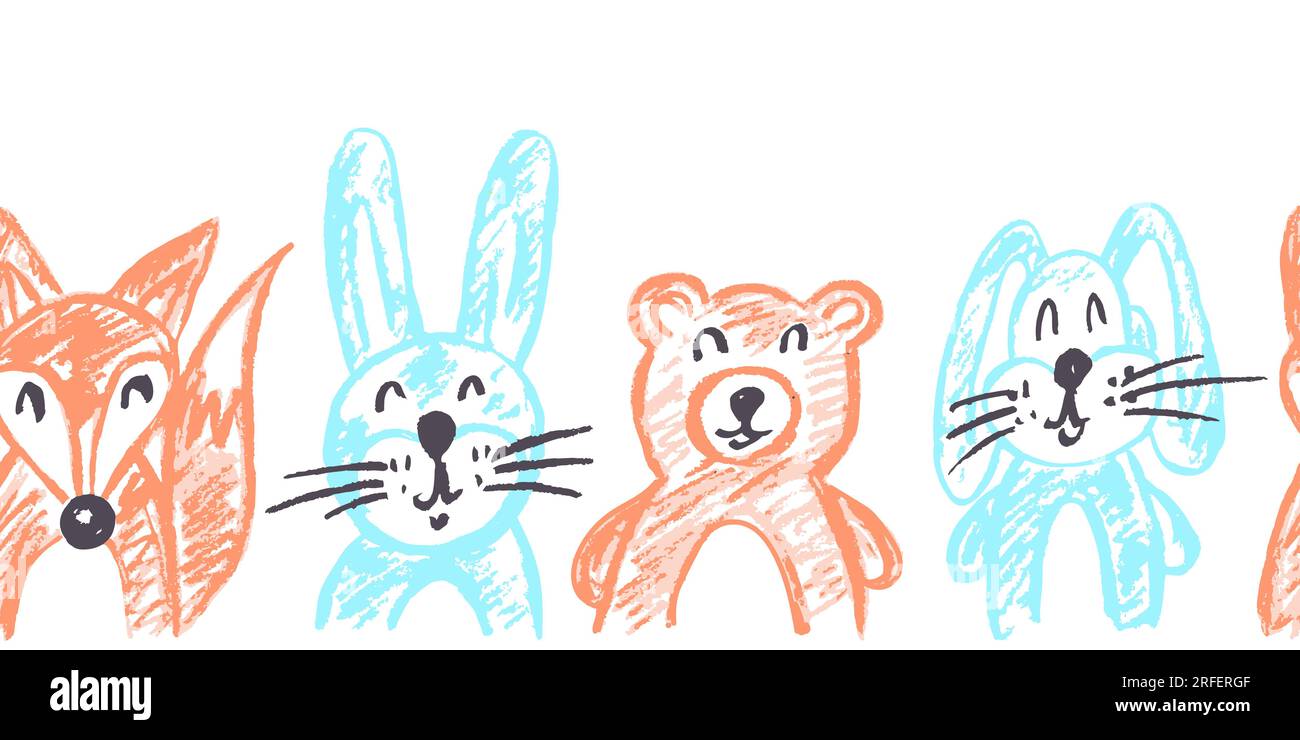 Zoo seamless border. Cute animals. Drawings with wax crayons. Vector
