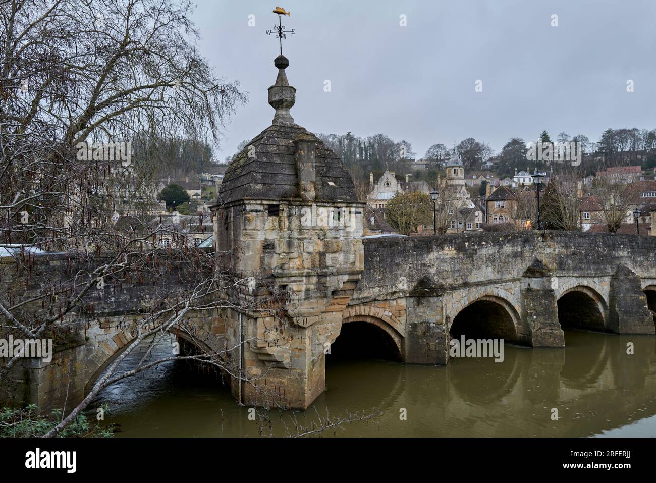 Town Bridge and Lock-up, Bradford-on-Avon, Wiltshire, England.The former chapel and then town lock up features a weathervane in the shape of a gudgeon. Stock Photo