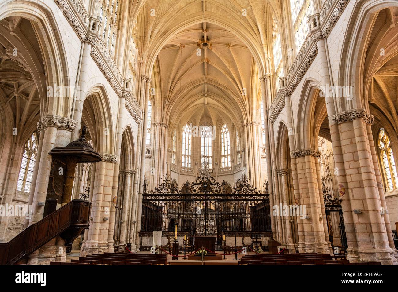 France, Somme, Saint-Riquier, The abbey church of Saint-Riquier is a major religious edifice in Picardy, and one of the finest examples of flamboyant Gothic art in maritime Picardy. Part of a larger group of monuments, the abbey church has been listed as a historic monument since 1840. Stock Photo