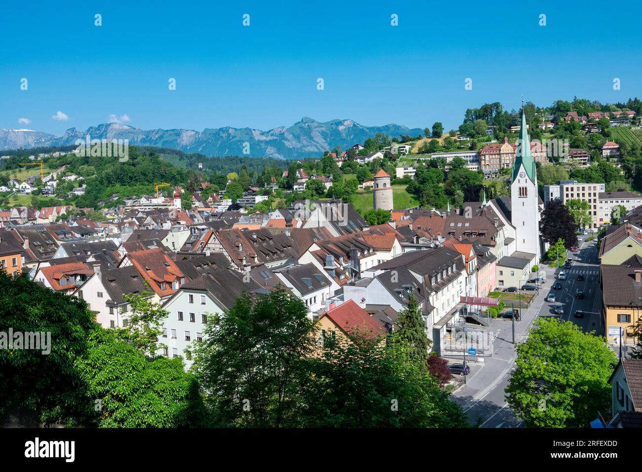 Austria, Vorarlberg, Feldkirch, general view of the town and the Dompfarrkirche church Stock Photo