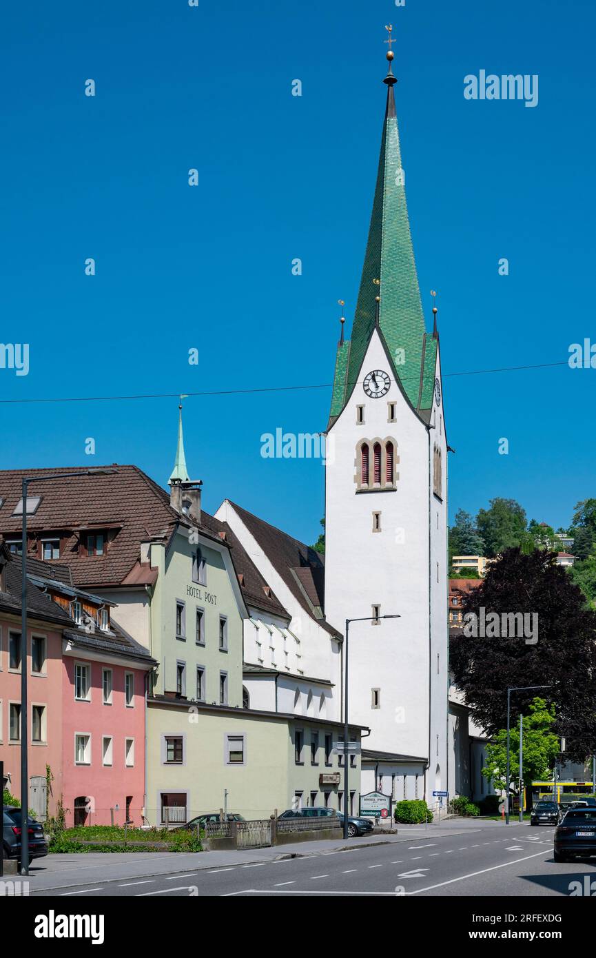 Austria, Vorarlberg, Feldkirch, general view of the town and the Dompfarrkirche church Stock Photo