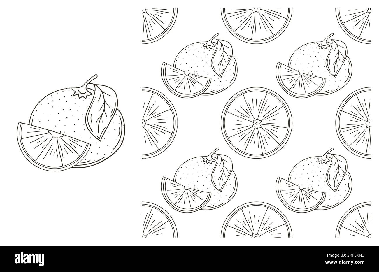 Coloring pattern for kitchen, restaurant or shop. Oranges. Set in hand draw style Stock Vector