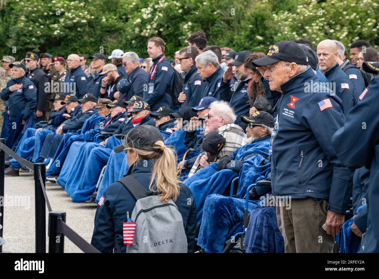 France, Calvados, Cricqueville en Bessin, 43 American D-Day veterans return to Normandy for the 79th anniversary commemorations. All aged around a hundred years, they benefit from a large staff organized by the Best Defense Foundation and air transport from Delta Air Lines Stock Photo