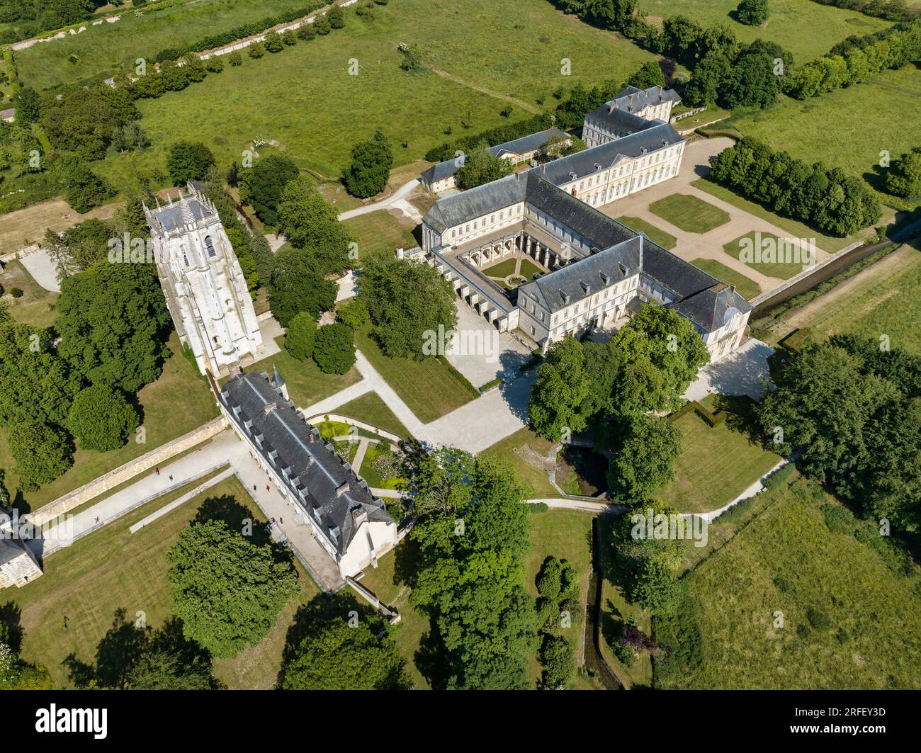 France, Haute Normandie, Eure, Le Bec Hellouin, labeled The Most Beautiful Villages of France, abbey Notre Dame du Bec, catholic benedictine Abbey, the Tower Saint Nicolas (aerial view) Stock Photo