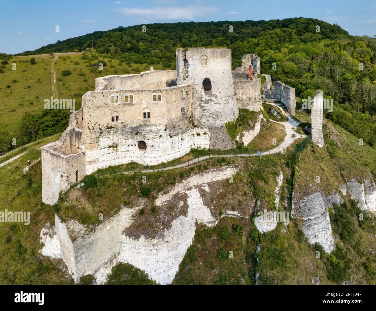 France, Eure, Les Andelys, Chateau Gaillard, 12th century fortress built by Richard Coeur de Lion, Seine valley (aerial view) Stock Photo