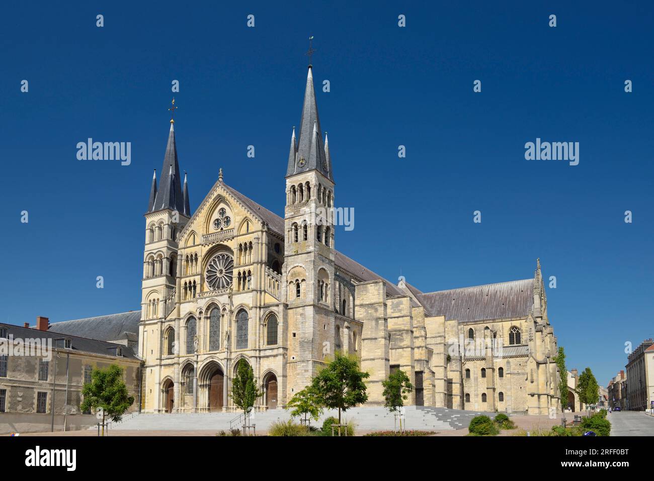 France, Marne, Reims, St Remi Basilica listed as World Heritage by UNESCO, forecourt and facade Stock Photo