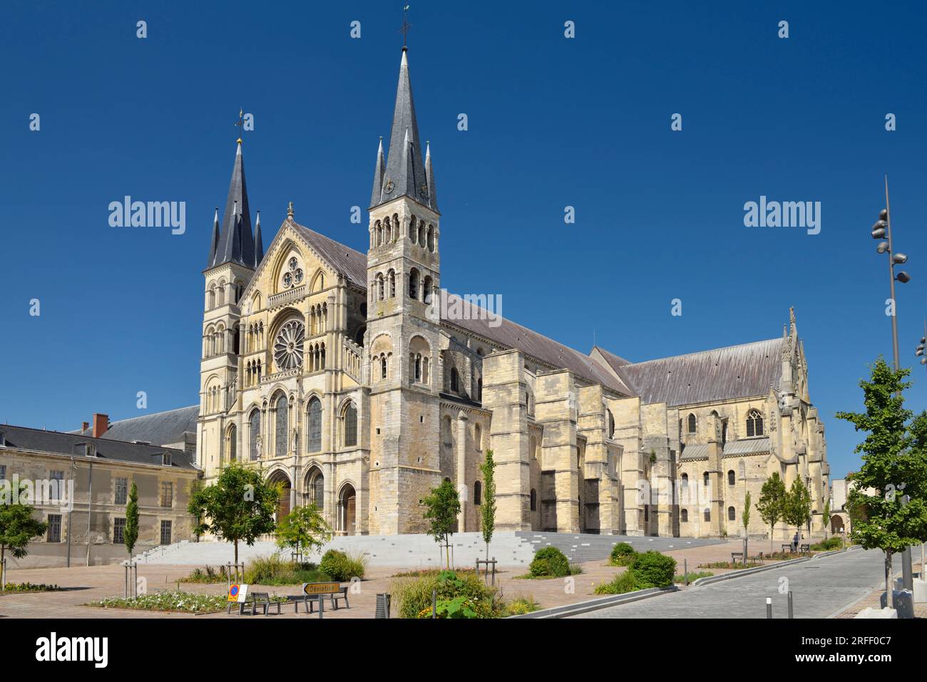 France, Marne, Reims, St Remi Basilica listed as World Heritage by UNESCO, forecourt and facade Stock Photo