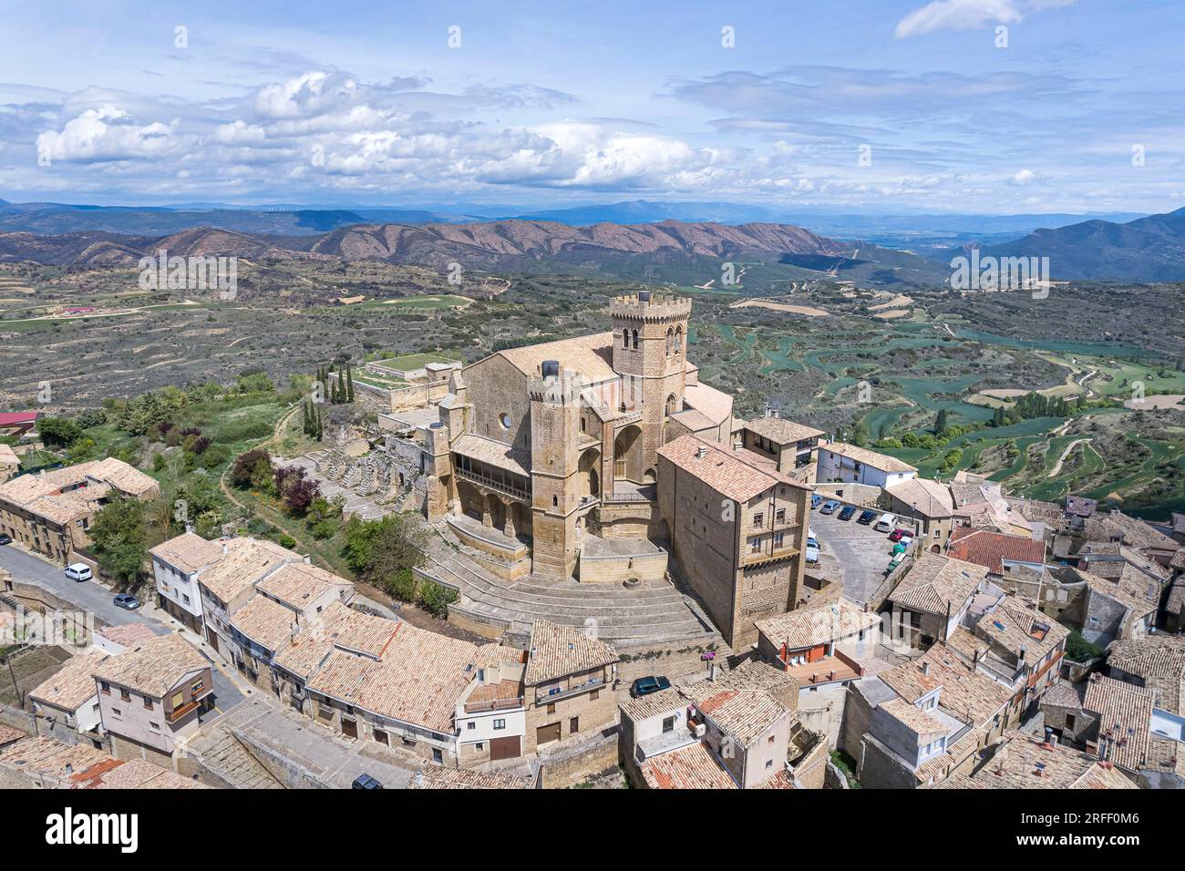 Spain, Navarra, Ujue, the village (aerial view) Stock Photo