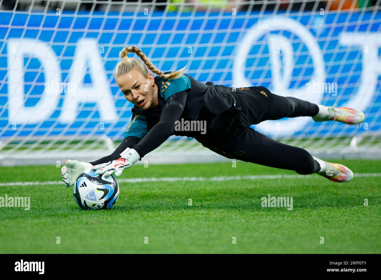 Brisbane, Australia. 03rd Aug, 2023. Brisbane, Australia, August 3rd 2023: Merle Frohms (1 Goalkeeper Germany) warms-up ahead of the FIFA Womens World Cup 2023 Group H football match between South Korea and Germany at Brisbane Stadium in Brisbane, Australia. (James Whitehead/SPP) Credit: SPP Sport Press Photo. /Alamy Live News Stock Photo