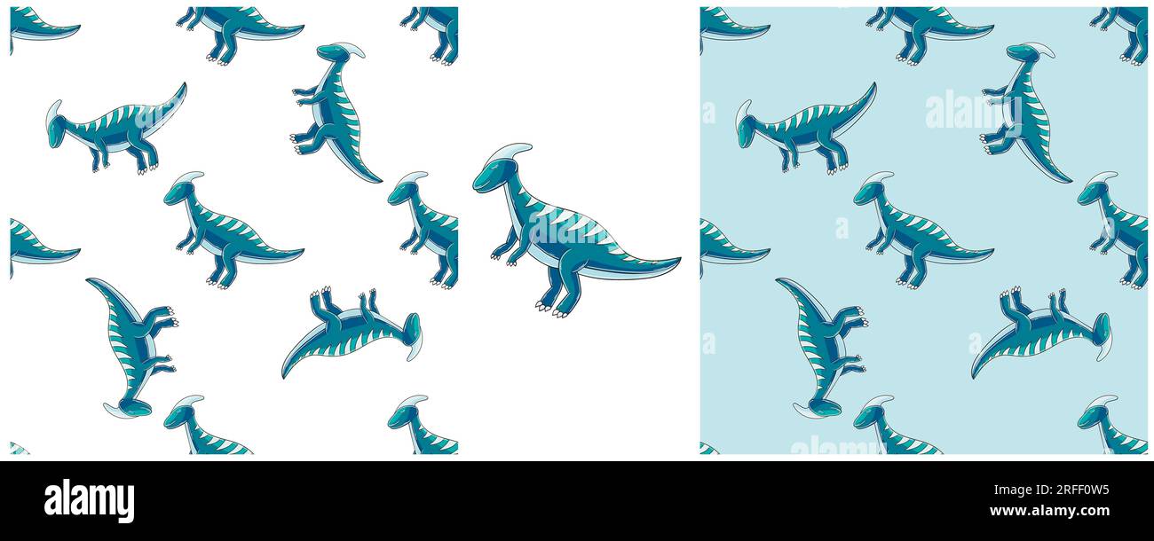Dinosaurs Set in blue palette. Hand drawn cute dinosaurs seamless ...