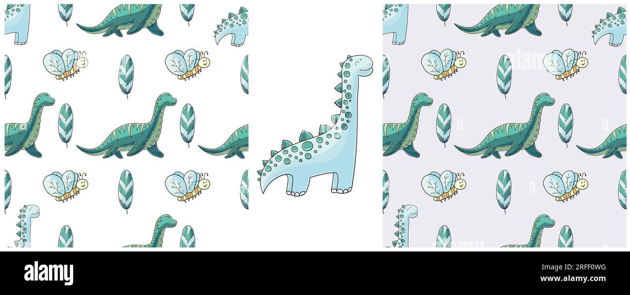 Dinosaurs Set in blue palette. Hand drawn cute dinosaurs seamless ...
