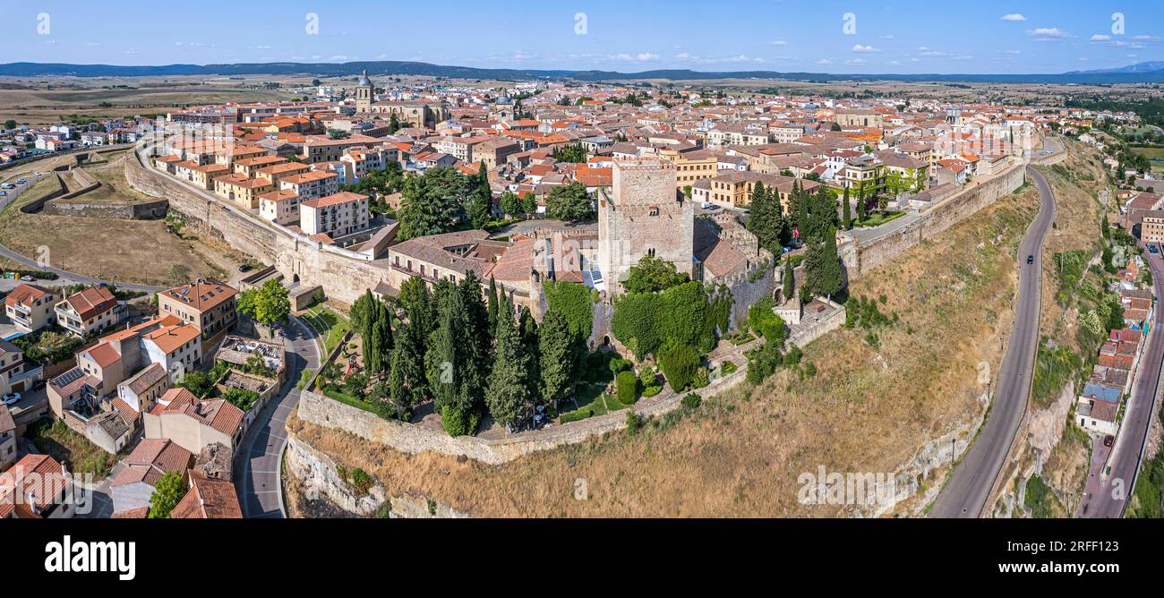 Spain, Castile and Leon, Ciudad Rodrigo, Enrique II de Trastamara castle and the fortified city (aerial view) Stock Photo