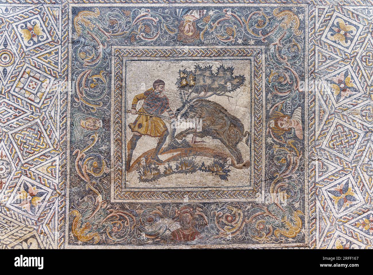 Spain, Extremadura, Merida, Archaeological Ensemble of Merida listed as World Heritage by UNESCO, the roman ruins of Augusta Emerita, the museum, the boar hunt mosaic Stock Photo