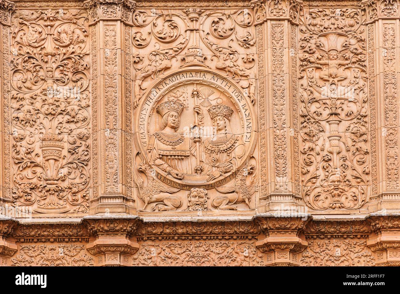 Spain, Castile and Leon, Salamanca, Old city of Salamanca listed as World Heritage by UNESCO, university door detail Stock Photo