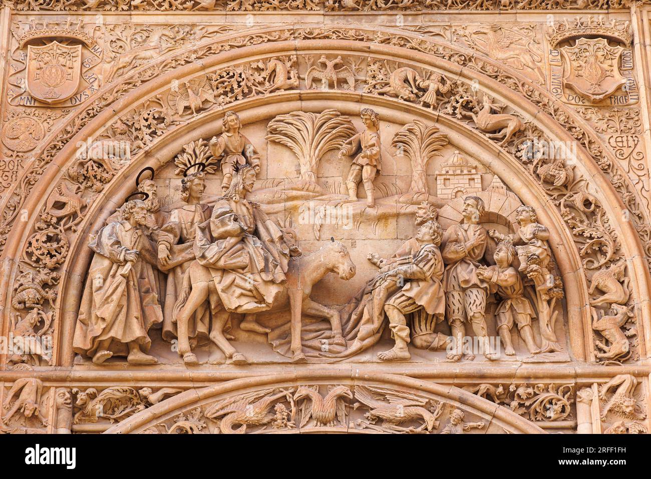 Spain, Castile and Leon, Salamanca, Old city of Salamanca listed as World Heritage by UNESCO, the New Cathedral, the door sculptures Stock Photo