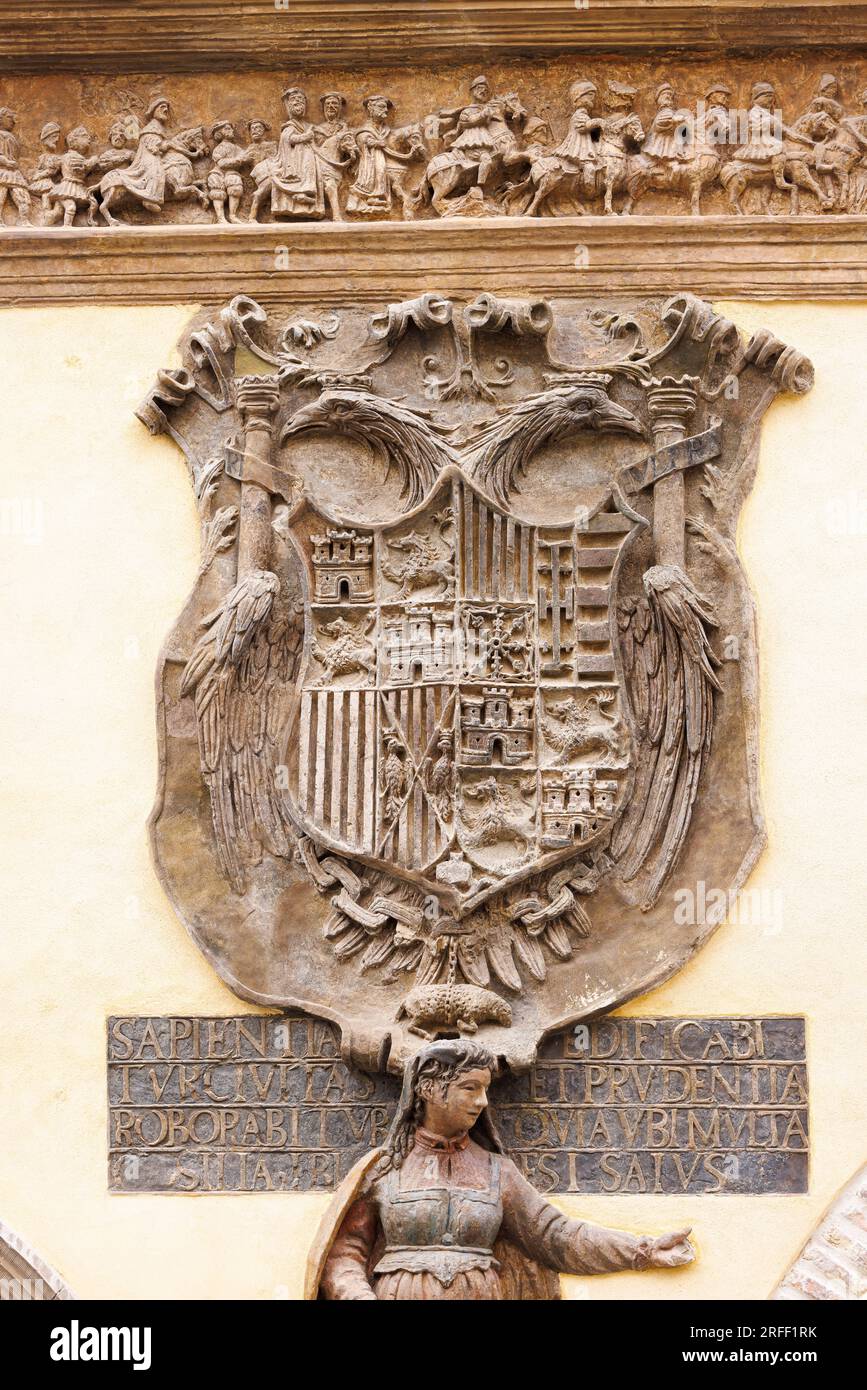 Spain, Aragon, Tarazona, the town hall facade, coat of arms Stock Photo