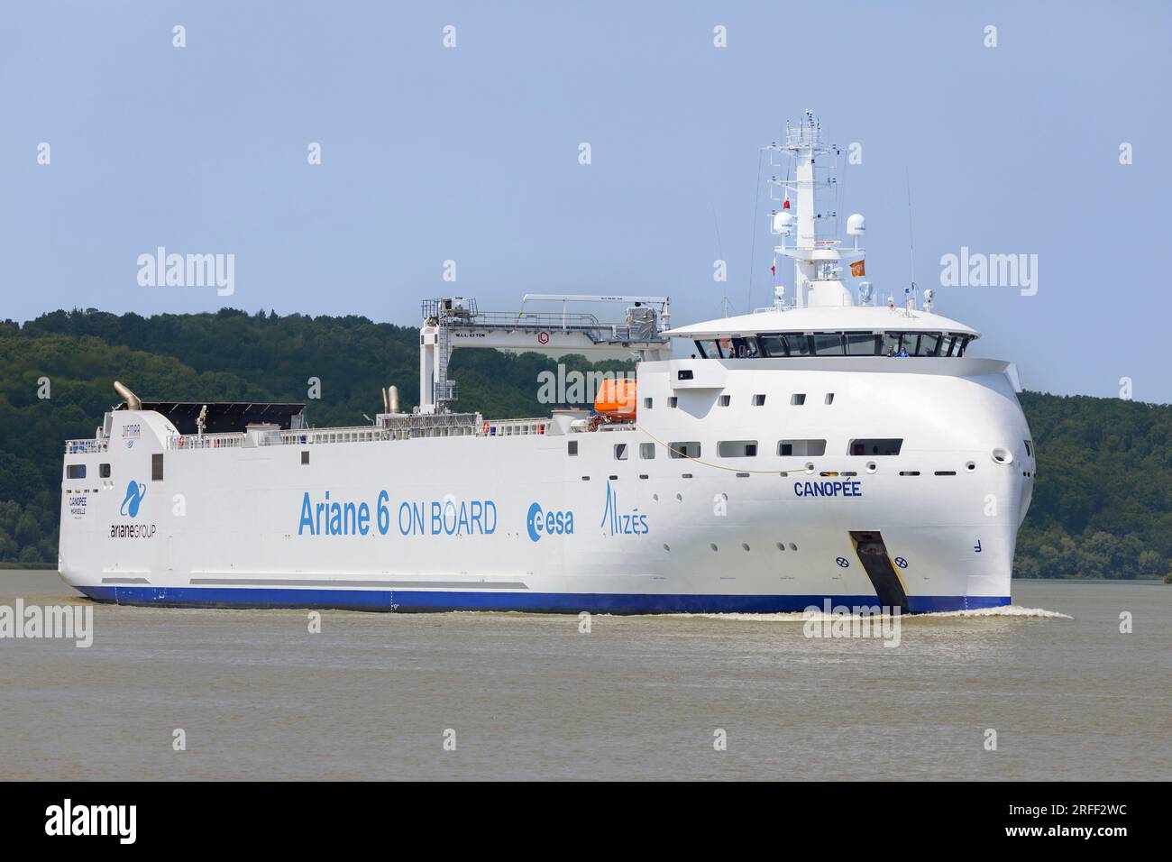 France, Eure, Vieux-Port, Armada 2023, Canopee, cargo ship, with mechanical sails, specialized in transporting parts of the Ariane 6 rocket, developed by the European Space Agency, from European ports to the Guiana Space Centre in Kourou Stock Photo