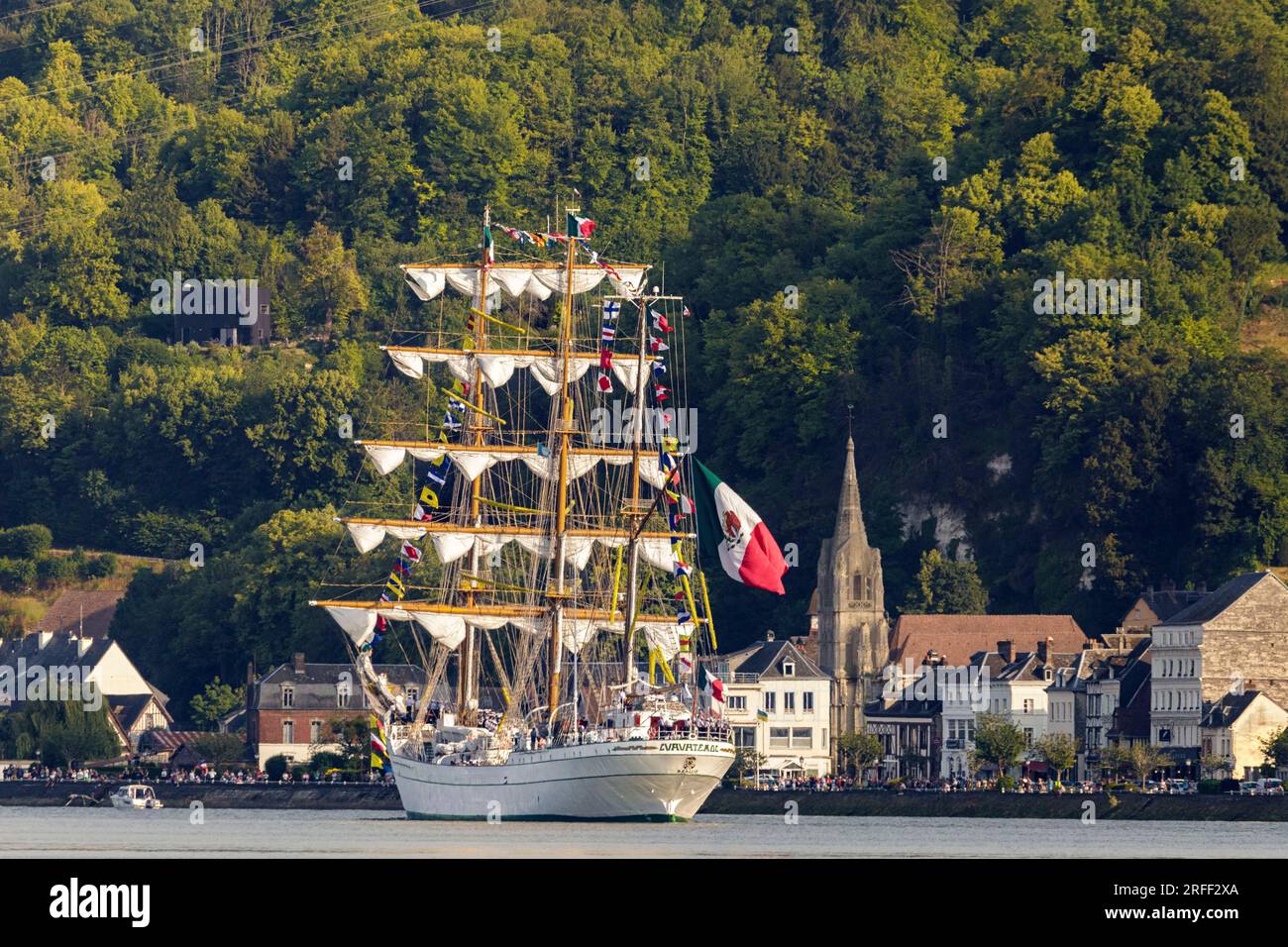 France, Seine-Maritime, Bardouville, Armada 2023, Cuauhtemoc, Mexican three-masted training ship, sails up the Seine river and parades in front of La Bouille village Stock Photo