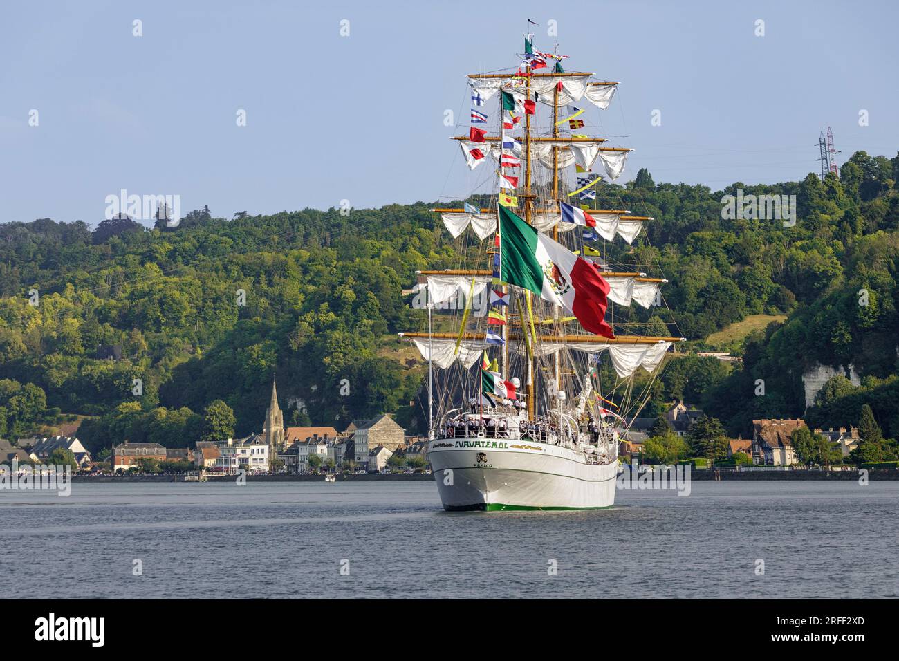 France, Seine-Maritime, Bardouville, Armada 2023, Cuauhtemoc, Mexican three-masted training ship, sails up the Seine river and parades in front of La Bouille village Stock Photo