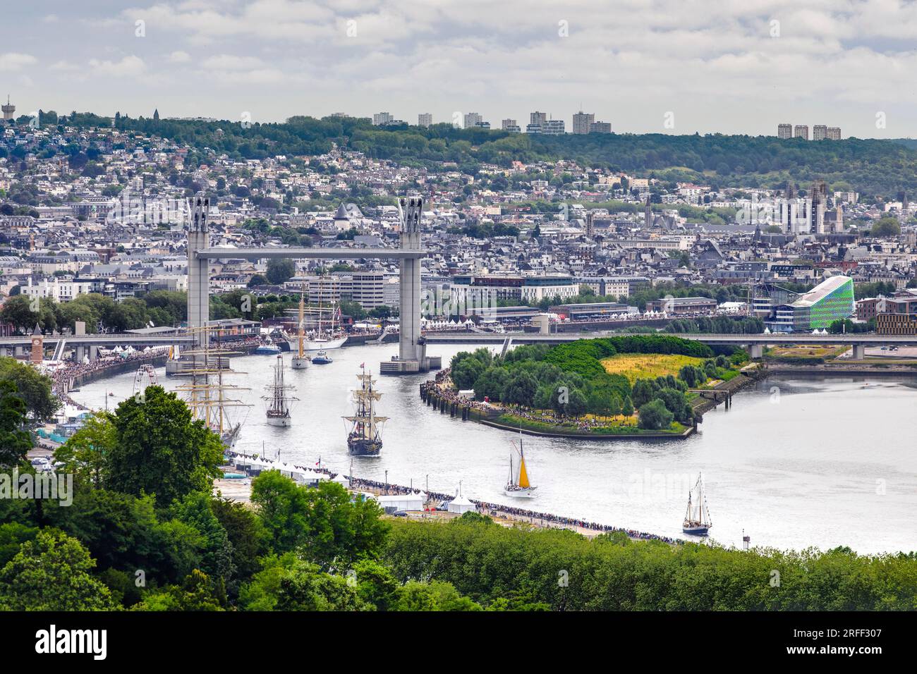 France, Seine-Maritime, Canteleu, Armada 2023, elevated view of Rouen and Gustave Flaubert Bridge, departure of tall ships Stock Photo