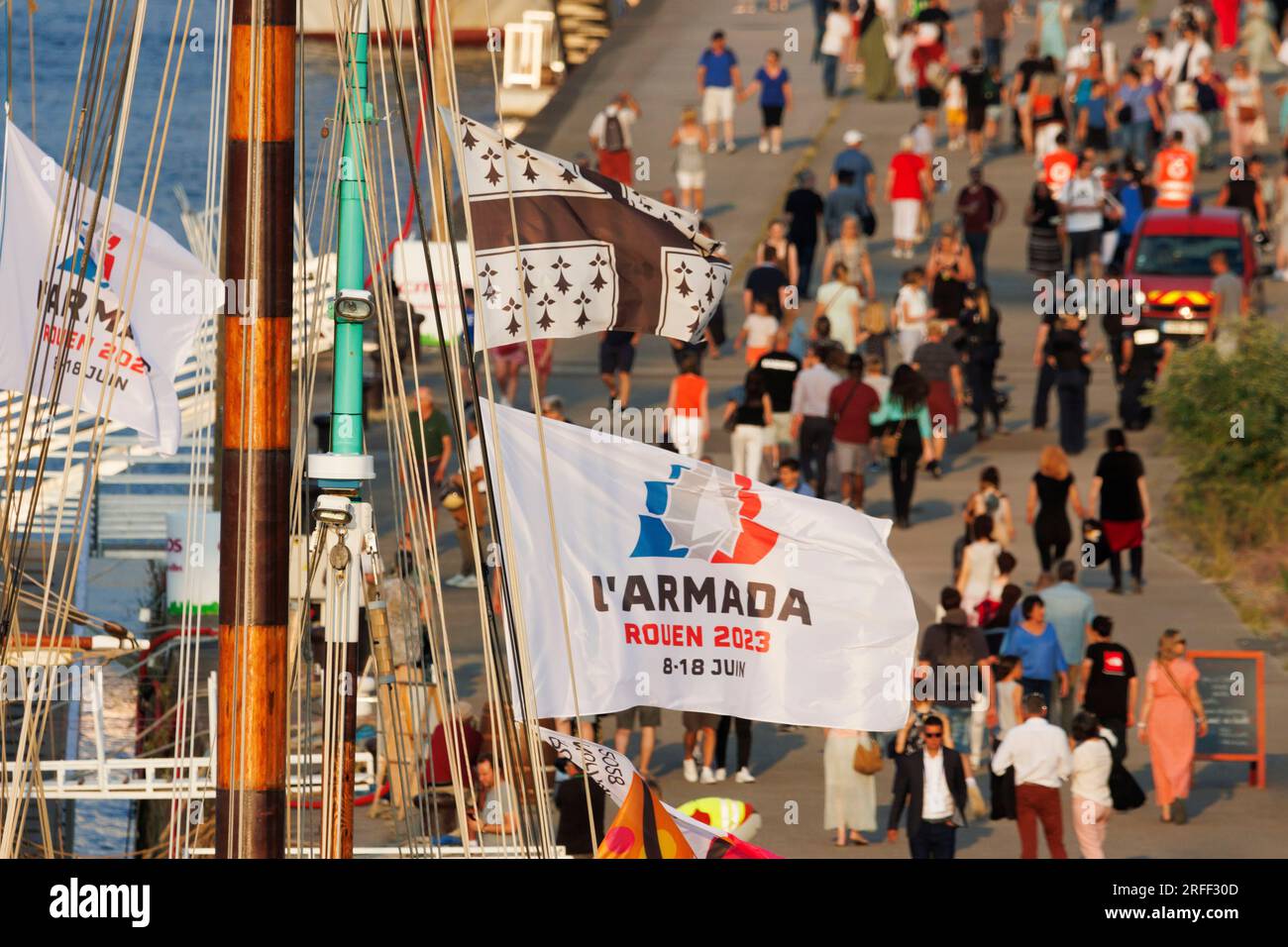 France, Seine-Maritime (76), Rouen, Armada 2023, tall ships docked at quay, Armada official flag and crowd of tourists visiting the event, elevated view from Gustave Flaubert Bridge Stock Photo