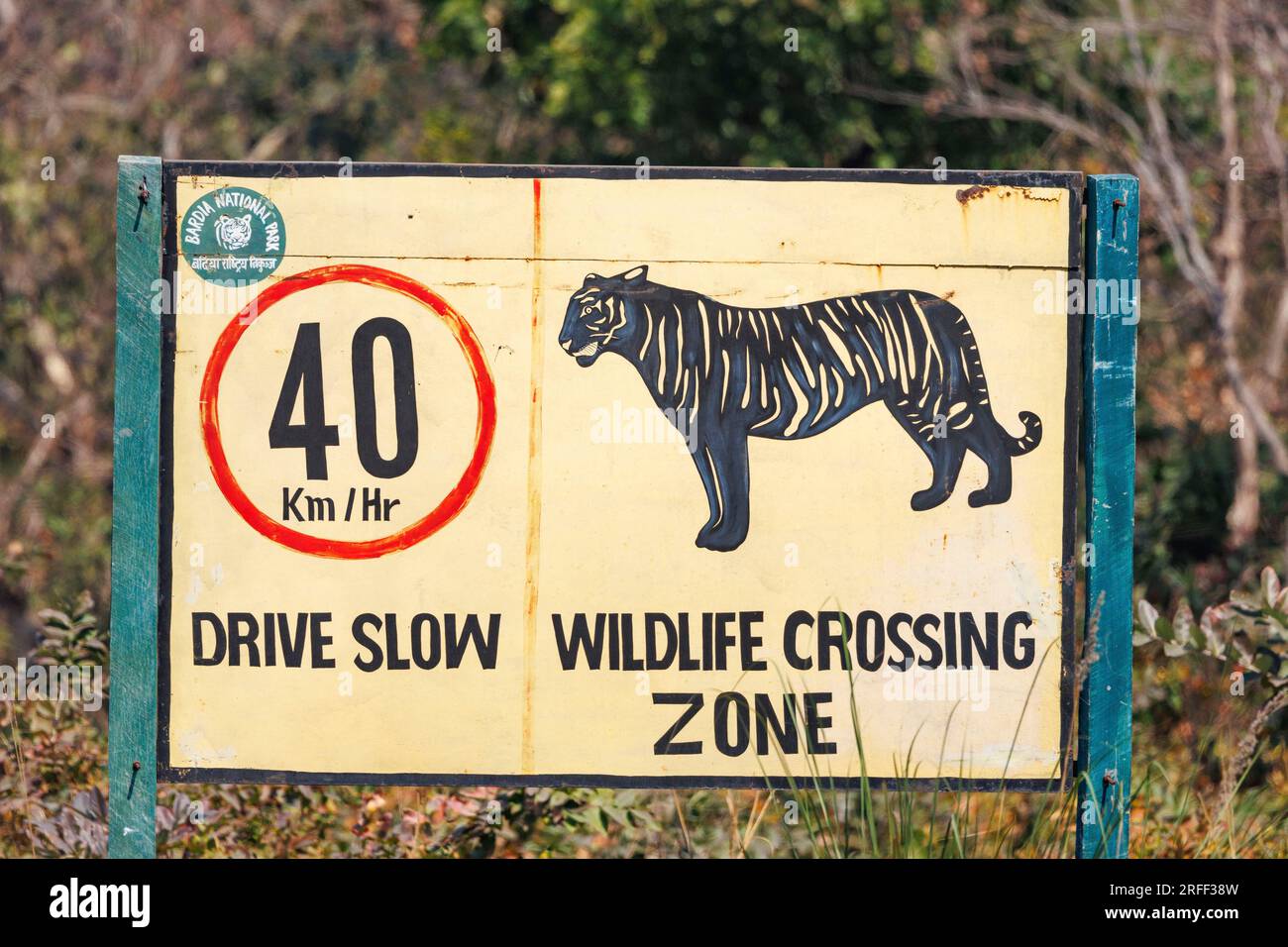 Rff Sign pal, Terai region, Bardia or Bardiya National Park, Forest, road sign ...