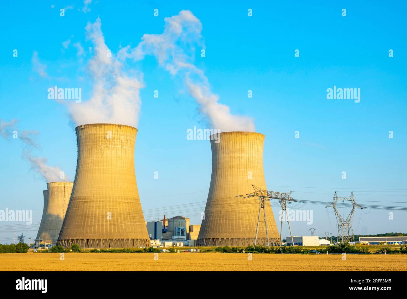 France, Loiret, Dampierre en Burly, High Tension power line and the EDF nuclear power plant of