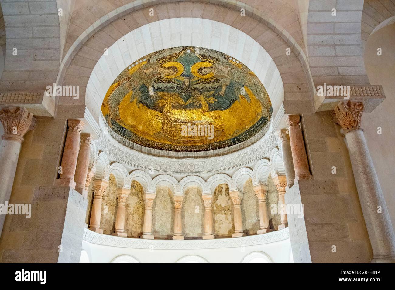 France, Loiret, Loire Valley listed as World Heritage by UNESCO, Germigny des Pres, Carolingian oratory or Church of the Most Holy Trinity, Pieta in oak from the Burgundian school (16th century) and only Byzantine mosaic (9th century) in France with two angels surrounding the Ark of the Covenant Stock Photo