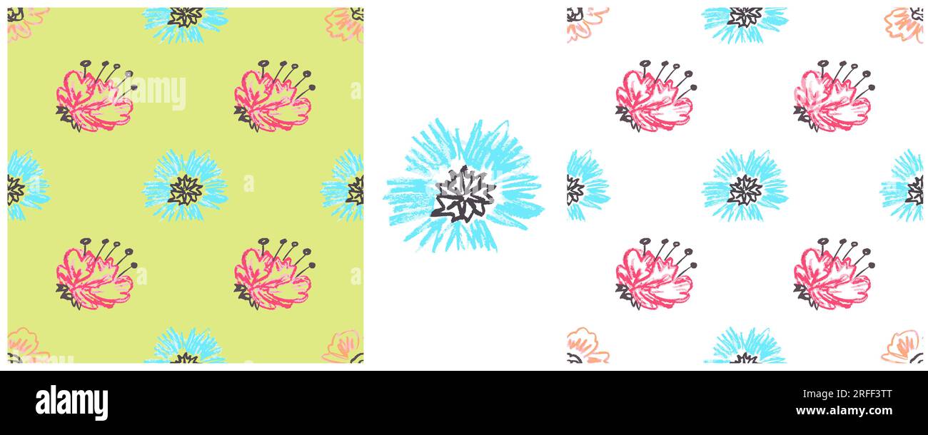 Girly seamless pattern. Flower mood, flowers. Set drawings with wax crayons. Print for cloth design, textile, fabric, wallpaper Stock Vector