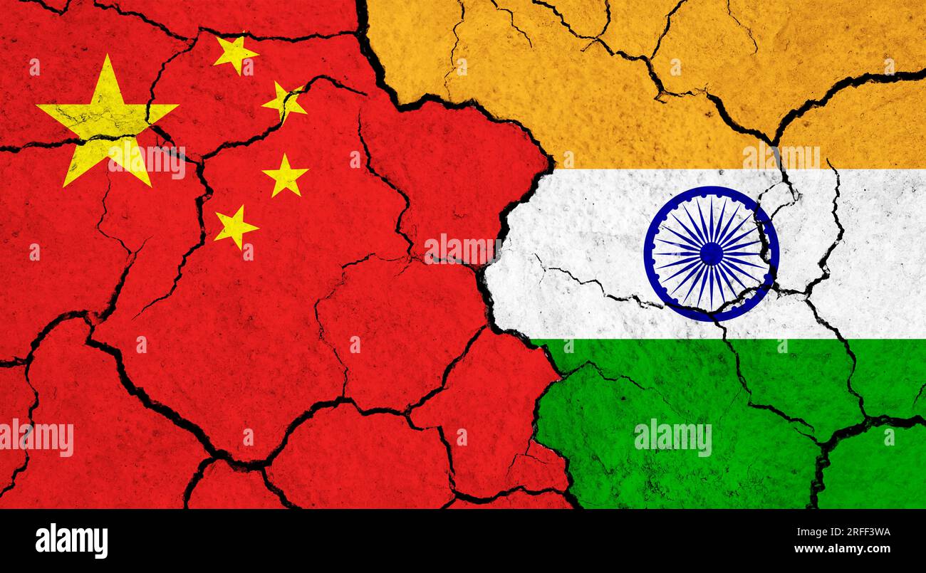 Flags of China and India on cracked surface - politics, relationship ...