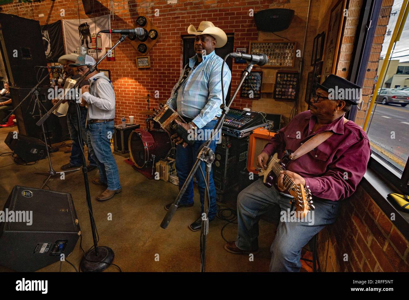 United States, Louisiana, Breaux Bridge, Buck and Johnny's restaurant, musician Geno Delafosse plays during Saturday brunch Stock Photo