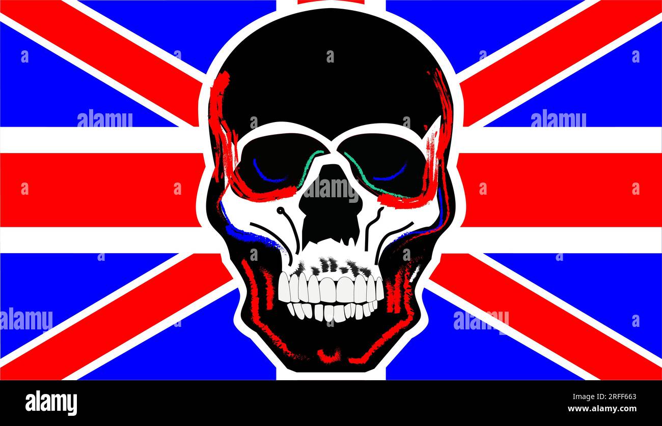 Skull head with British flag vivid colors, blue and red, digital art ...