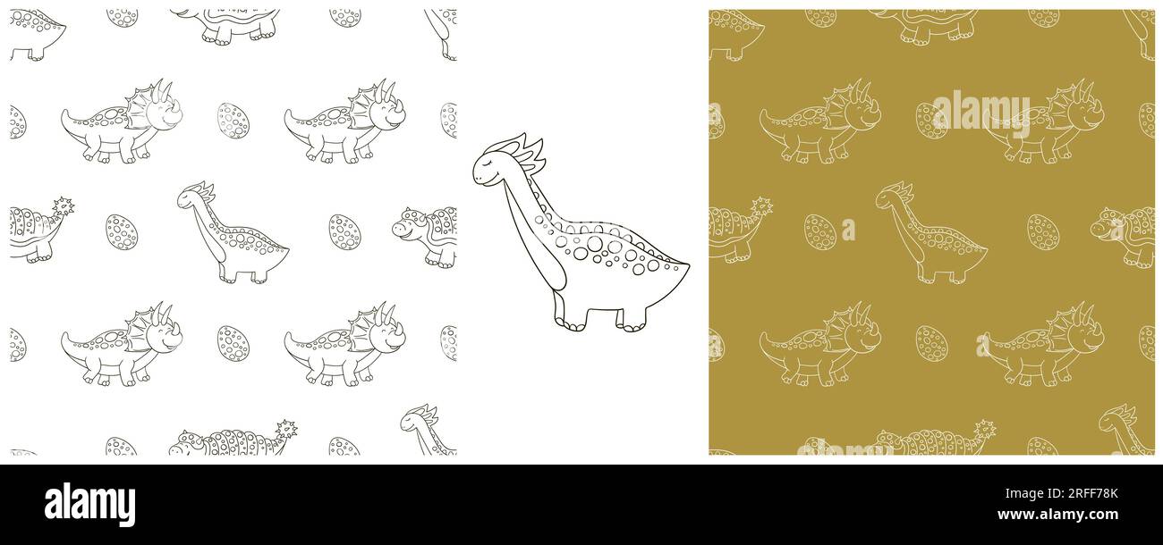 Set funny kids dinosaur pattern. Coloring dinosaur vector background. Triceratops. Print for cloth textile Stock Vector