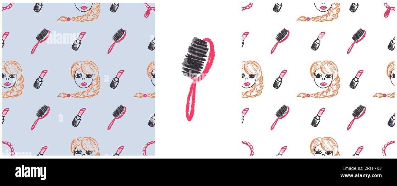Cosmetics seamless pattern. Girl, lipstick. Set drawings with wax crayons. Print for cloth design, textile, fabric, wallpaper, wrapping paper Stock Vector